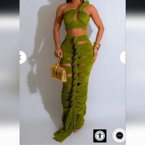 Sweet Fantasy Green Ruched Two-Piece Set halter top and a long skirt